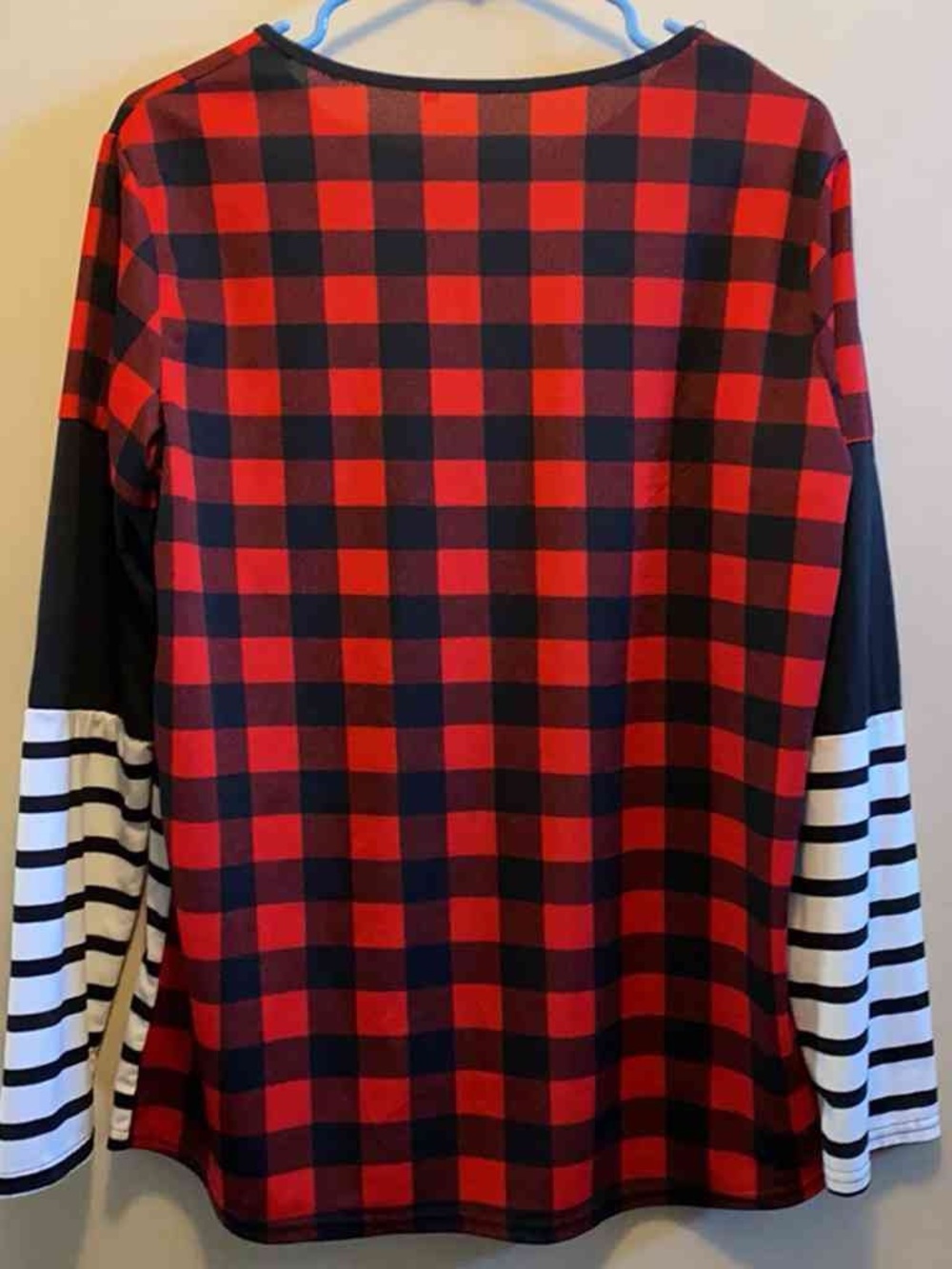 Red and Black Plaid Long Sleeve Top with Striped Sleeves